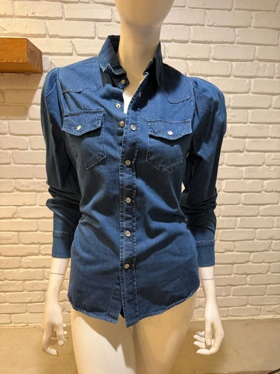 Torn by Ronny Kobo Chambray Denim Blouse S NWT Structured Chic Mutton Sleeve - Picture 9 of 16